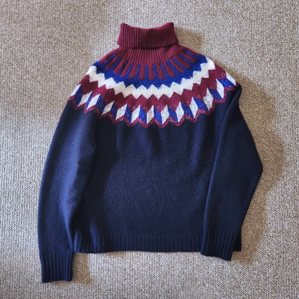 J.Crew Soft Wool Warm Navy/Red Fair Isle Turtle Neck Sweater Size XL